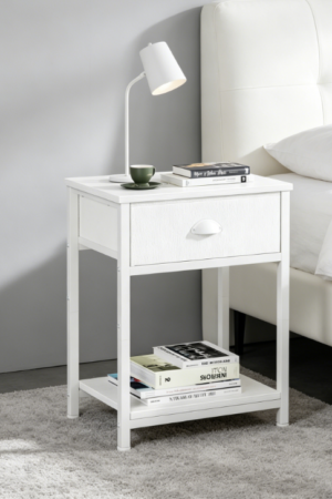 White Bedside Table with Fabric Drawer, 2-Tier Shelf, Tall 23.6 Inch for Small Spaces